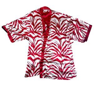 Night Essence Silk Sleepwear Shirt Red White Animal Print Oversized Woman's 3XL